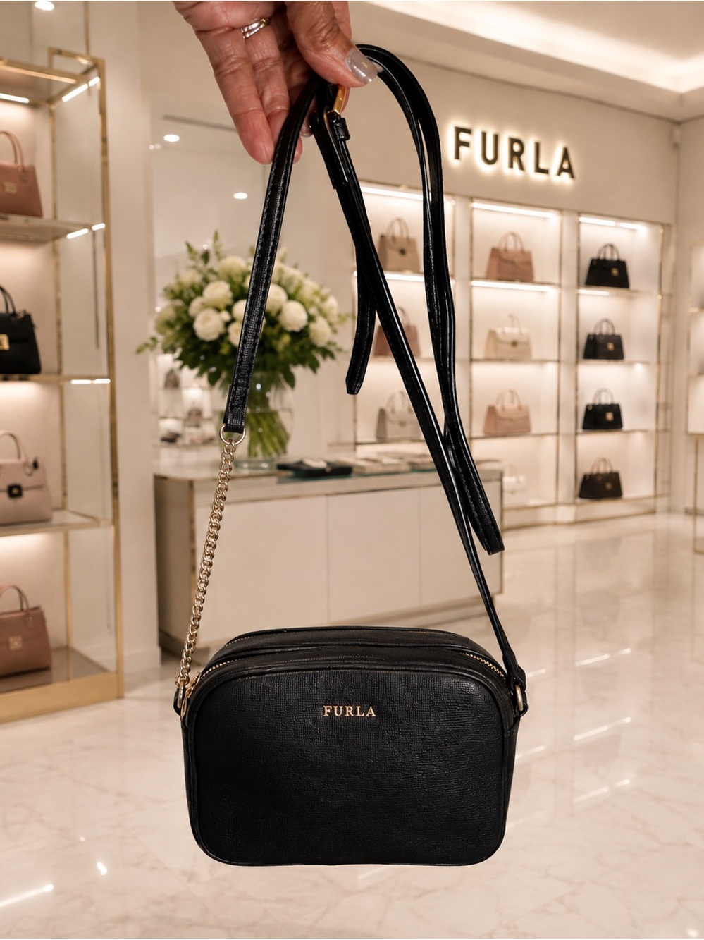 Furla Black Saffiano Leather Crossbody Camera Bag with Gold Logo - Picture 4 of 13